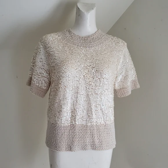 Vintage Short Sleeve Wool Beaded Sequin Top - Picture 1 of 8
